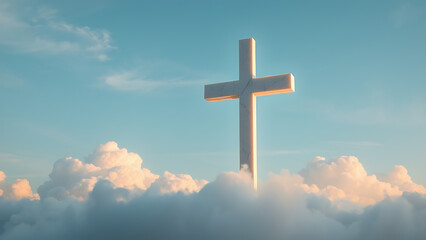 White Marble Cross with Glowing Aura, Suspended in Sky, Surreal Easter Scene