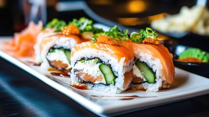 Delicious Salmon Sushi Rolls on a White Plate in Dimly Lit Restaurant