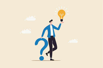 Question and answer, q and a or solution to solve problem, FAQ frequently asked question, help or creative thinking idea concept, smart businessman holding question mark sign and lightbulb solution.