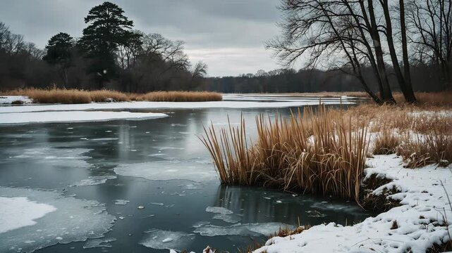 Winter landscape by the lake showcasing phragmites and trees in the distance. Ice covering the river and along the riverbank. Behind a group of reeds by the lake in winter. Frozen on a cold winter
