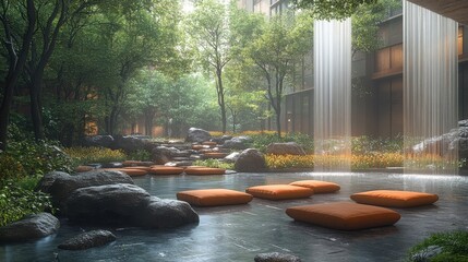 Serene urban oasis with cascading water feature, lush greenery, and tranquil seating
