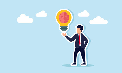 Businessman showing a light bulb labeled with a brain, illustration of thinking about ideas relevant to business