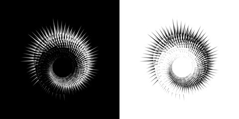 Dynamic abstract spiral sound wave rhythm lines. Circular spiral sound wave rhythm of lines. Circular futuristic abstract lines, black and white background.	