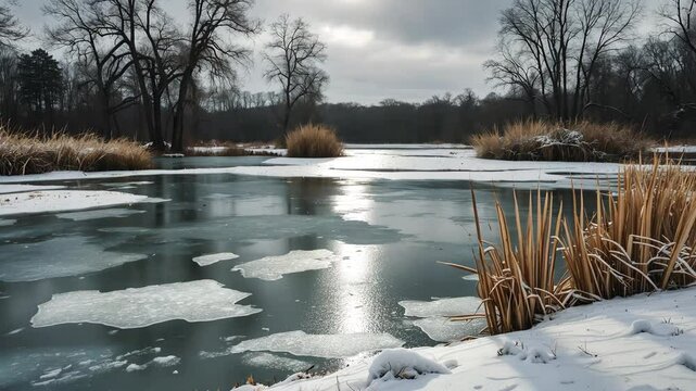 Winter landscape at the lake showcasing phragmites with trees in the background. Ice covering the river and its banks. Situated behind a group of reeds by the lake in winter. Frozen, on a cold winter