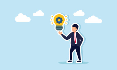 Businessman showing a glowing light bulb labeled with a gear, illustration of presenting business ideas about efficient work systems