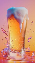 Fototapeta premium 3D illustration of a frosty cold beer with condensation on the glass, set against a vibrant backdrop, perfect for International Beer Day greetings, evoking a refreshing and celebratory atmosphere.