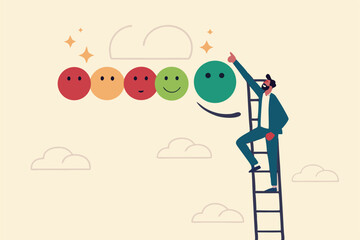 Customer satisfaction, feedback or appreciation rating, positive score or good quality service, customer experience vote concept, young man climb up ladder to give positive smile feedback rating.