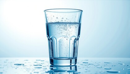 Glass of Water with Bubbles on Reflective Surface  