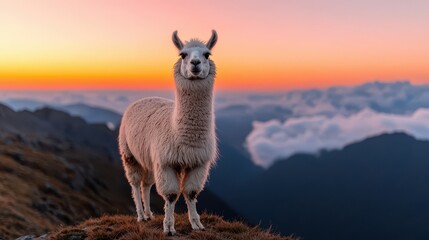 Fototapeta premium Lama summer concept. Llama standing on a mountain with a colorful sunset in the background.