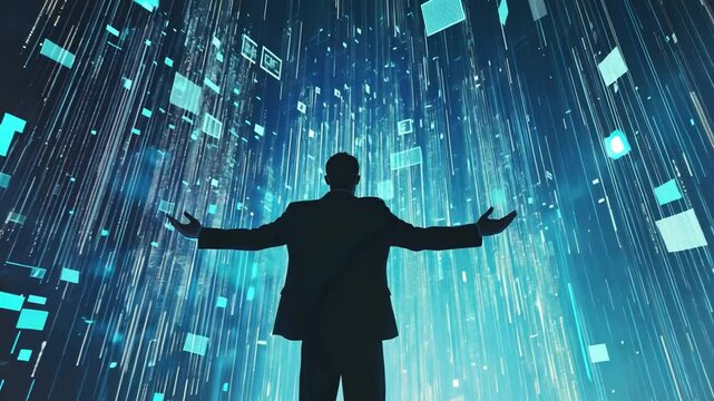 Embracing Digital Universe: A silhouette of a figure stands with open arms, enveloped in a cascade of digital data, signifying the embrace of technology and the digital age.