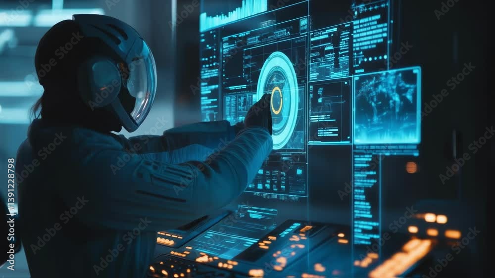 Poster spacesuited astronaut navigating complex data on transparent touchscreen within advanced spacecraft 