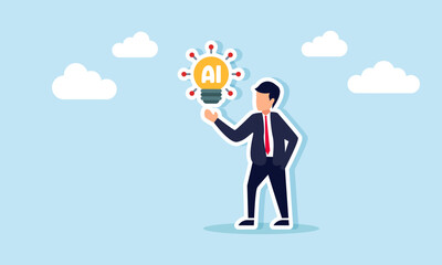 Businessman shows a light bulb labeled AI with small light ornaments, illustration of presenting business ideas and innovations using AI