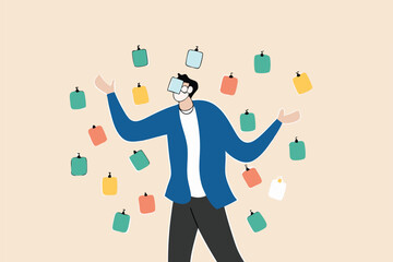 Frustrated or overwhelmed from multitasking, work overload too many tasks, busy overworked, appointment or tired exhausted concept, frustrated businessman working with chaotic sticky notes.