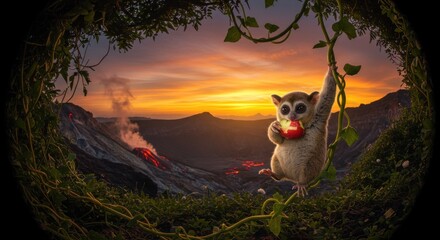 Obraz premium Monkey Enjoying Apple While Hanging From Vine with Volcano Background