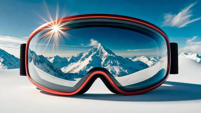 Ski goggles showing a reflection of mountains on a white background.