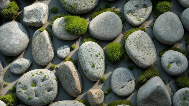 The arrangement of moss-laden stones showcases a masterful blend of natural elegance and purposeful design, inviting the viewer to pause and appreciate the serenity of the environment.