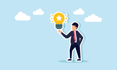 Businessman shows a glowing light bulb labeled with a star, illustration of presenting business ideas about business quality
