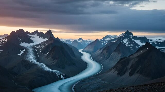 Twilight in a remote arctic valley. Last rays of light on the mountains encircling the glacier. Arctic summer in the untamed north.
