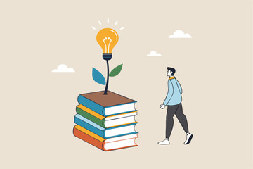 Knowledge, wisdom to create new idea, creativity or innovation from reading books, education or learning new skill to success, study or library, smart young man with book stack with light bulb plant.