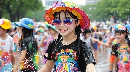 Fototapeta premium Happy Girl Playing in Water Summer Fun Colorful Hat and Sunglasses