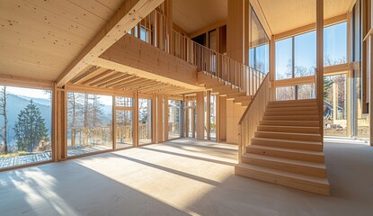 Obraz premium Modern Wooden House Interior with Large Windows and Staircase