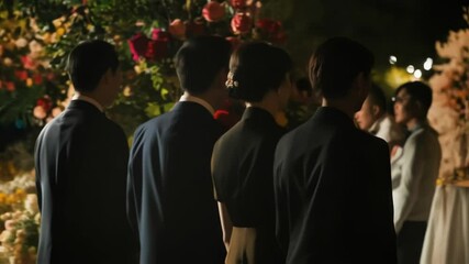 Politicians and staff members are observing a colorful floral arrangement during an official political event, creating a sense of formality and occasion