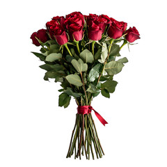 A Bouquet of Lush Red Roses Tied with Ribbon Isolated on Transparent Background