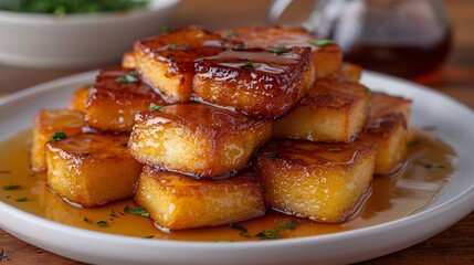 Cuban torrejas bread soaked syrup and fried plated on a white ceramic dish