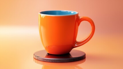 A vibrant orange coffee mug placed on a wooden coaster against a soft pastel background.