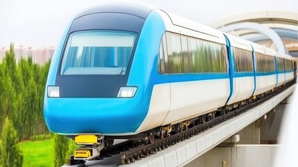 Naklejka premium Modern elevated train, blue and white, on a city track