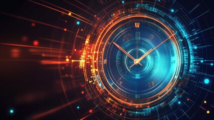 Futuristic clock illustration depicting data streams and digital processing