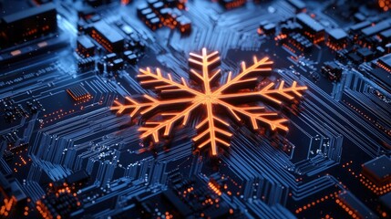 Futuristic snowflake symbol glowing on a complex blue circuit board pattern