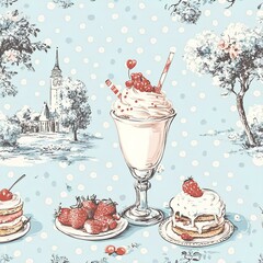 A whimsical mix of 1950s diner-style polka dots and pastel milkshake.