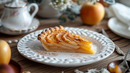 Dutch appeltaart thick apple pie slice crust served on white ceramic dessert plate