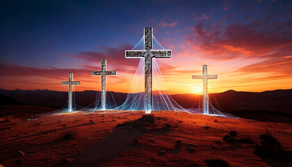 Obraz premium Illuminated Crosses on Hill at Sunset with Futuristic Light Cables – Christian Symbolism Concept Art