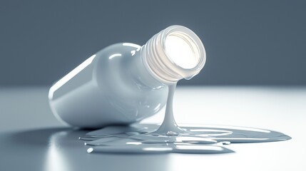 A white bottle spills its contents, creating a smooth liquid flow on a plain surface.
