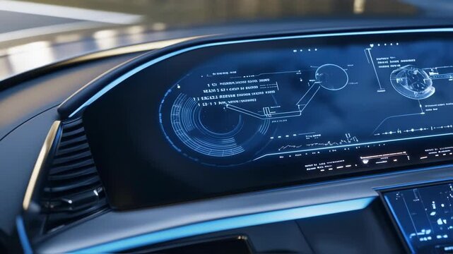 High tech car dashboard presenting intricate space station schematics. Data streams. And performance indicators