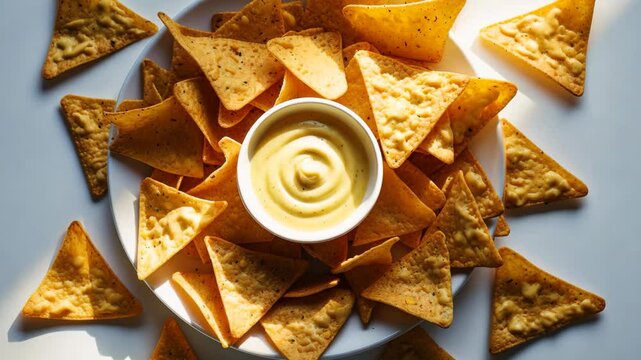 Tasty nachos topped with cheese sauce on a white backdrop. Aerial perspective