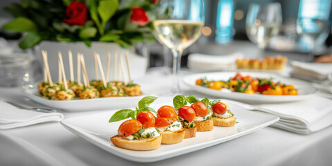 stylish Italian appetizer catering table featuring fresh bruschetta topped with tomatoes and basil, alongside elegant wine