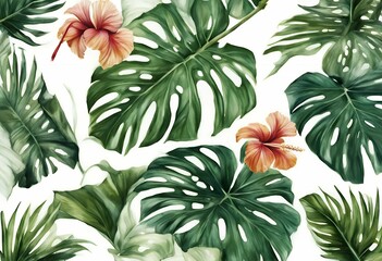 neanta tropical banana isolated leaves white plants watercolor foliage realistic set illustration hibiscus flowers palm monstera green hand painted botanical design nature vintage plant beauty tree
