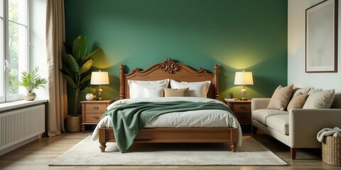 Serene Bedroom Interior Design Featuring a Wooden Bed, Soft Textiles, and Subtle Lighting