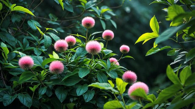The timid Mimosa pudica gently folds its delicate leaves with a tender touch, resembling a whispered secret to the wind&mdash;a vibrant poem of grace and beauty, thriving in its tranquil sanctuary.