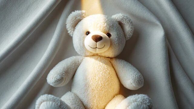 Top view of white teddy bear fabric background.