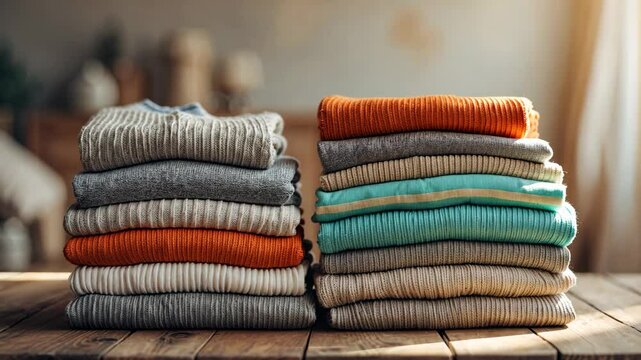 Stacked sweaters in various colors, folded garments, clothing pile on a wooden table with empty space, laundry setup.