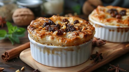 Egyptian om ali baked puff pastry pudding nuts and raisins served in a white ramekin