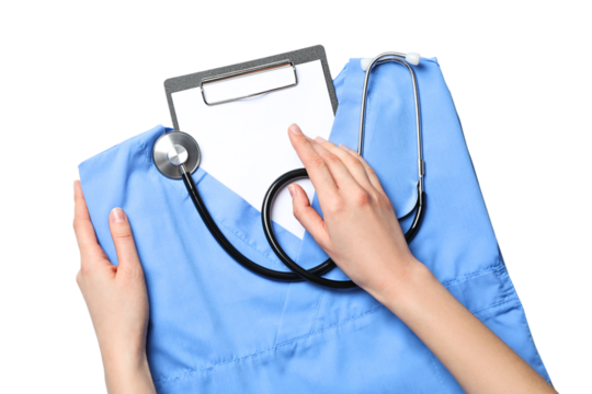 A doctor in blue scrubs holds a stethoscope and clipboard, getting ready for patient consultations, isolated on white, PNG