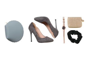 Grey high heels paired with stylish accessories for a chic look, isolated on white
