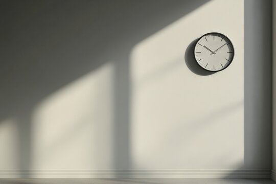 Minimalist room with wall clock and sun shadows