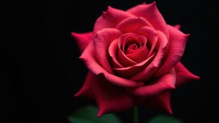 Fototapeta premium A single crimson rose, elegantly displayed against a stark black backdrop, showcases its velvety petals and intricate details in a captivating close-up
