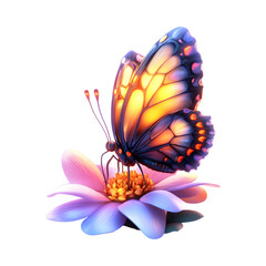 A Fluffy 3D Cartoon Butterfly Sitting on Top of a Flower Isolated on Transparent Background